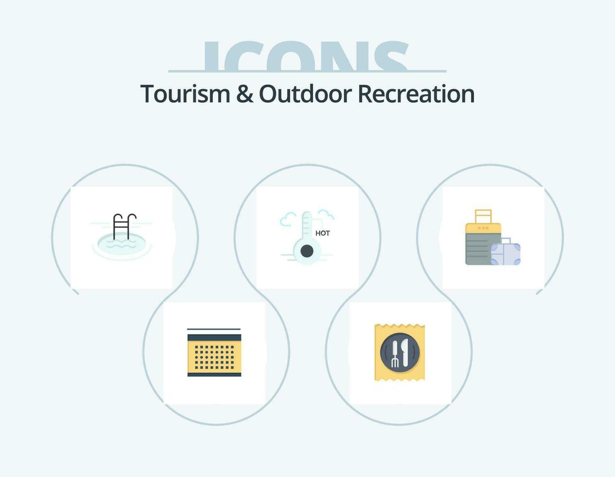 Tourism And Outdoor Recreation Flat Icon Pack 5 Icon Design. bag . update. swimming. weather. temperature vector