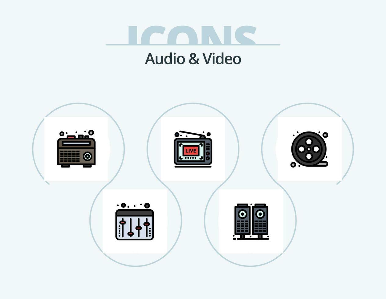 audio y vídeo línea lleno icono paquete 5 5 icono diseño. . video. sonido. medios de comunicación. vídeo cámara vector