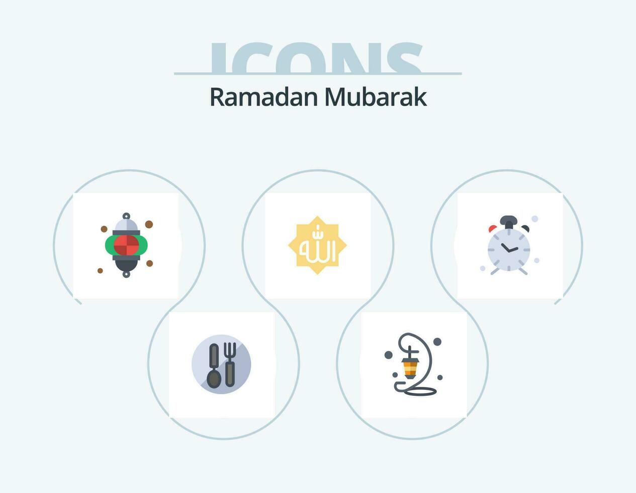 Ramadán plano icono paquete 5 5 icono diseño. reloj. alarma. lámpara. caligrafía. marca vector