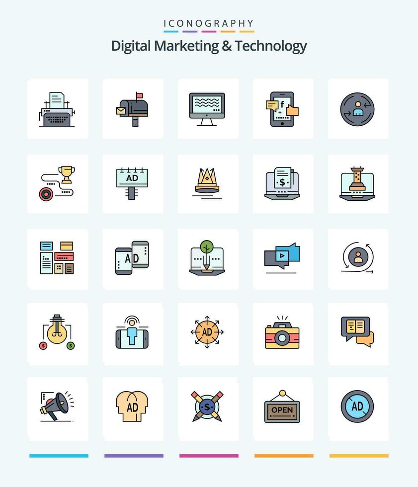 creativo digital márketing y tecnología 25 línea lleno icono paquete tal como visitante digital. vivir. social promoción. promoción vector
