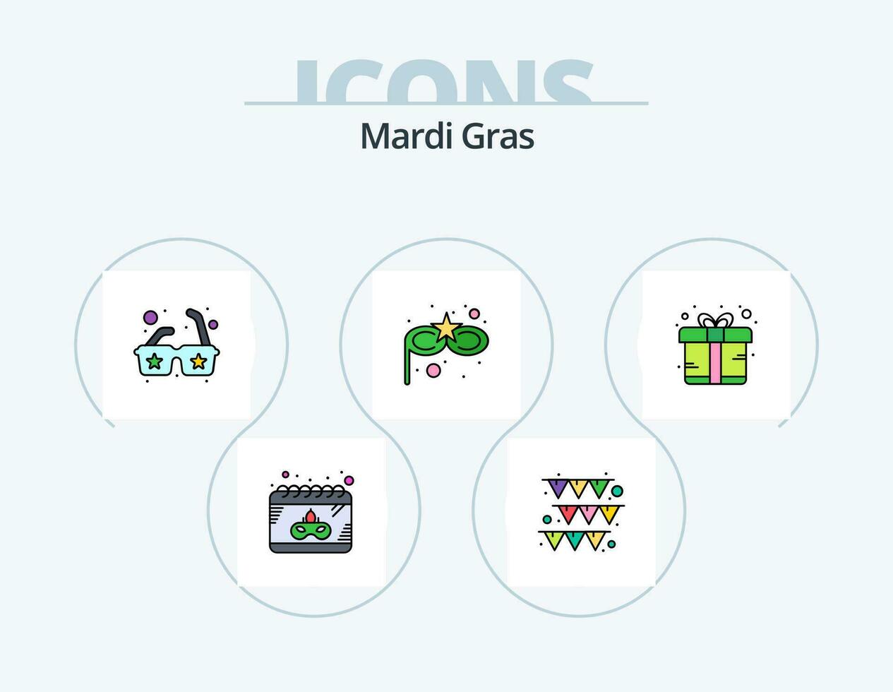 mardi gras línea lleno icono paquete 5 5 icono diseño. . traje. guirnalda. carnaval mascarilla. doblón vector