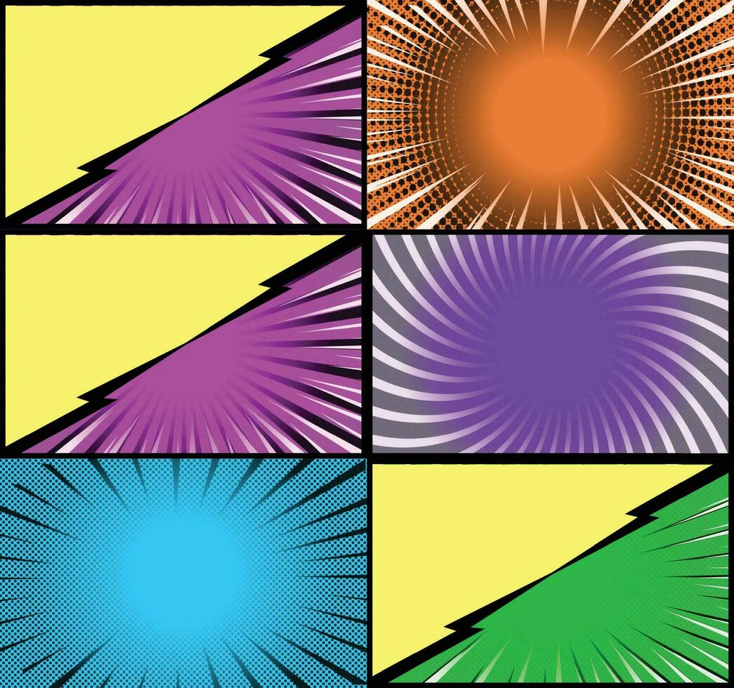 Comic book colorful frames background with halftone rays radial and dotted effects pop art style vector