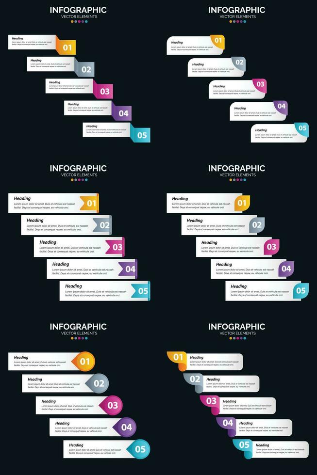 plantilla de diapositiva de presentación del paquete de infografías vectoriales 6 diagramas de ciclo de 5 pasos y líneas de tiempo vector