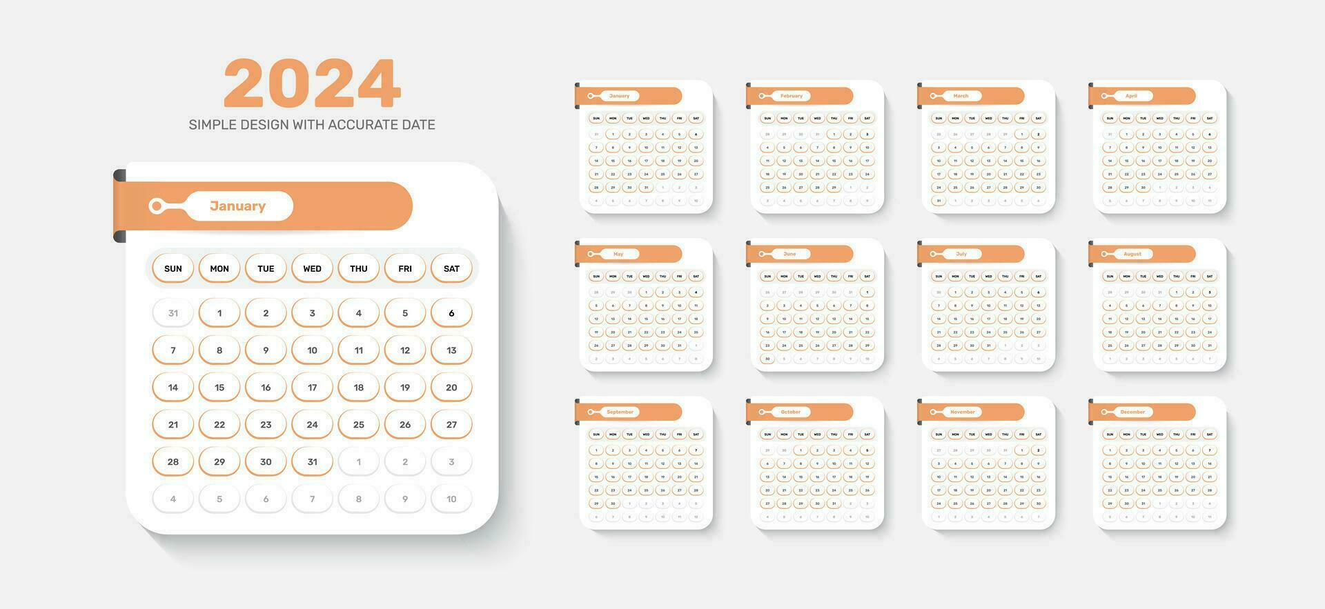 Simple calendar template layout design of 2024 with accurate date vector