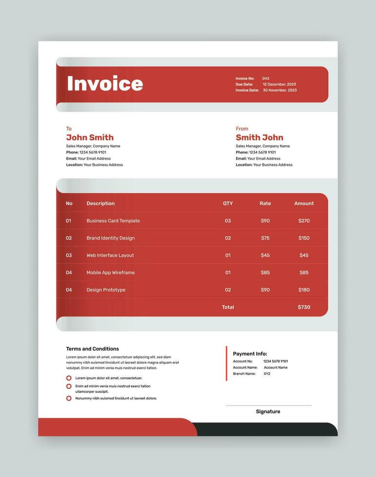 Minimalist dark red bill receipt or business invoice template vector