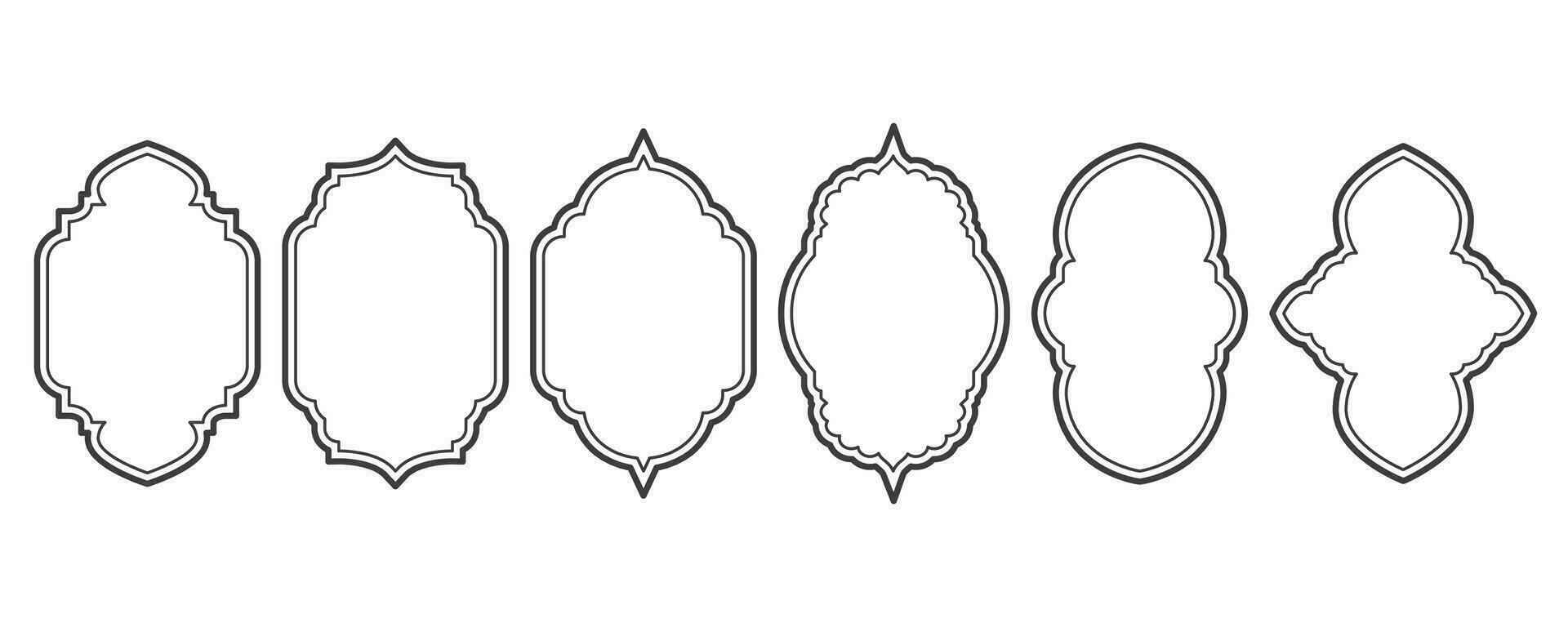 Ramadan window and door frames. Islamic arches with ornament. Oriental design elements. Arabesque and turkish outline labels. Vector decor set