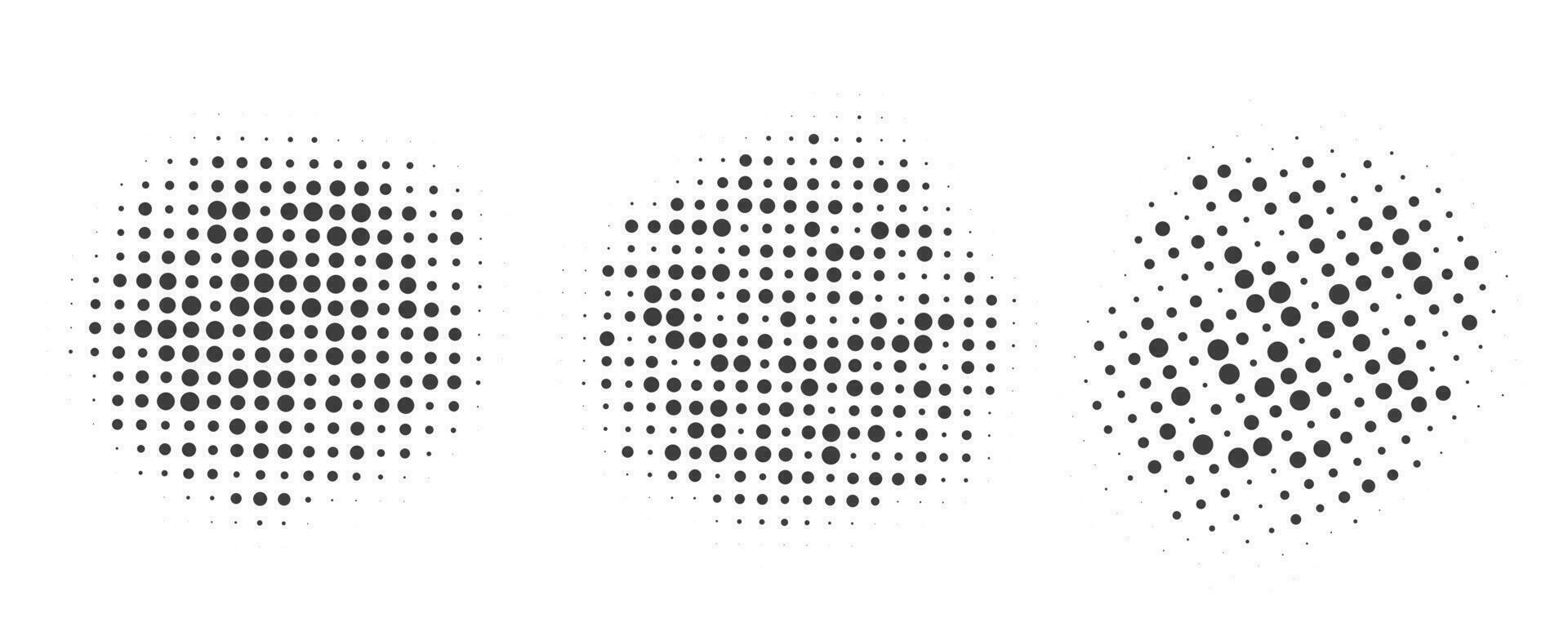 Circle dots with halftone pattern. Round gradient background. Elements with gradation points texture. Abstract geometric shapes. Vector set