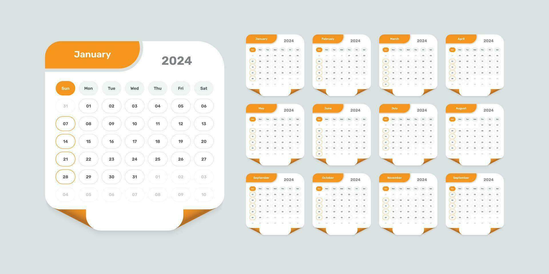 resumen diseñado moderno calendario modelo de 2024 con preciso fecha formato y página rizo efecto forma vector