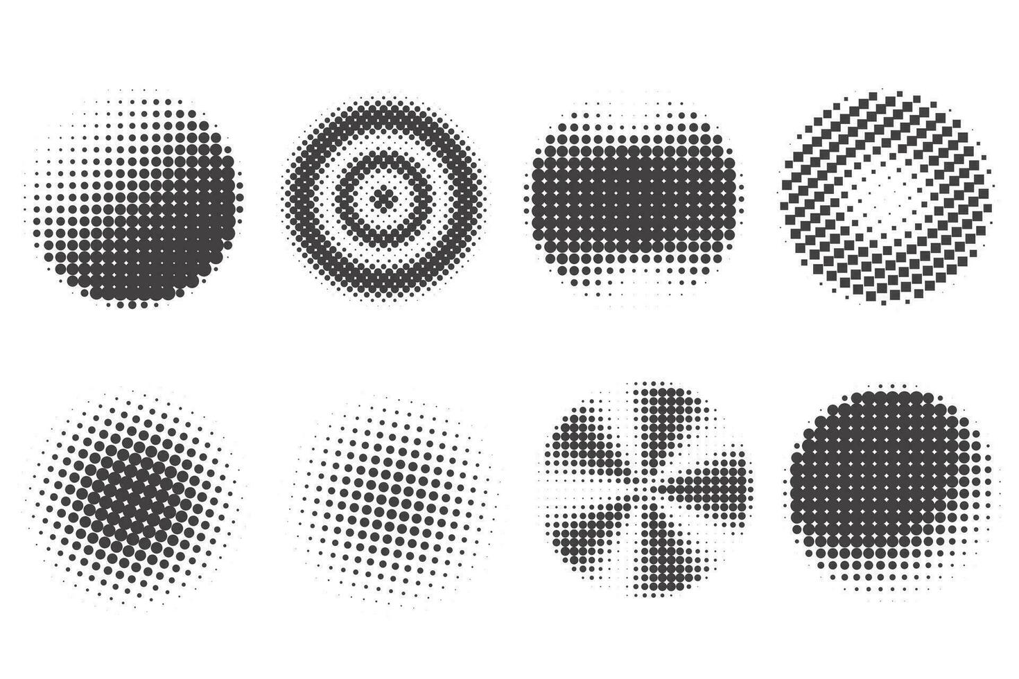 circulo puntos con trama de semitonos modelo. redondo degradado antecedentes. elementos con gradación puntos textura. resumen geométrico formas vector conjunto