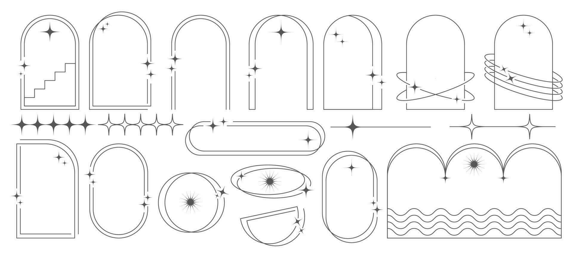 estético marcos y formas con estrellas. mínimo y2k contorno gráfico diseño con destellos resumen minimalista arcos fronteras de moda boho geométrico plantillas colocar. vector ilustración.