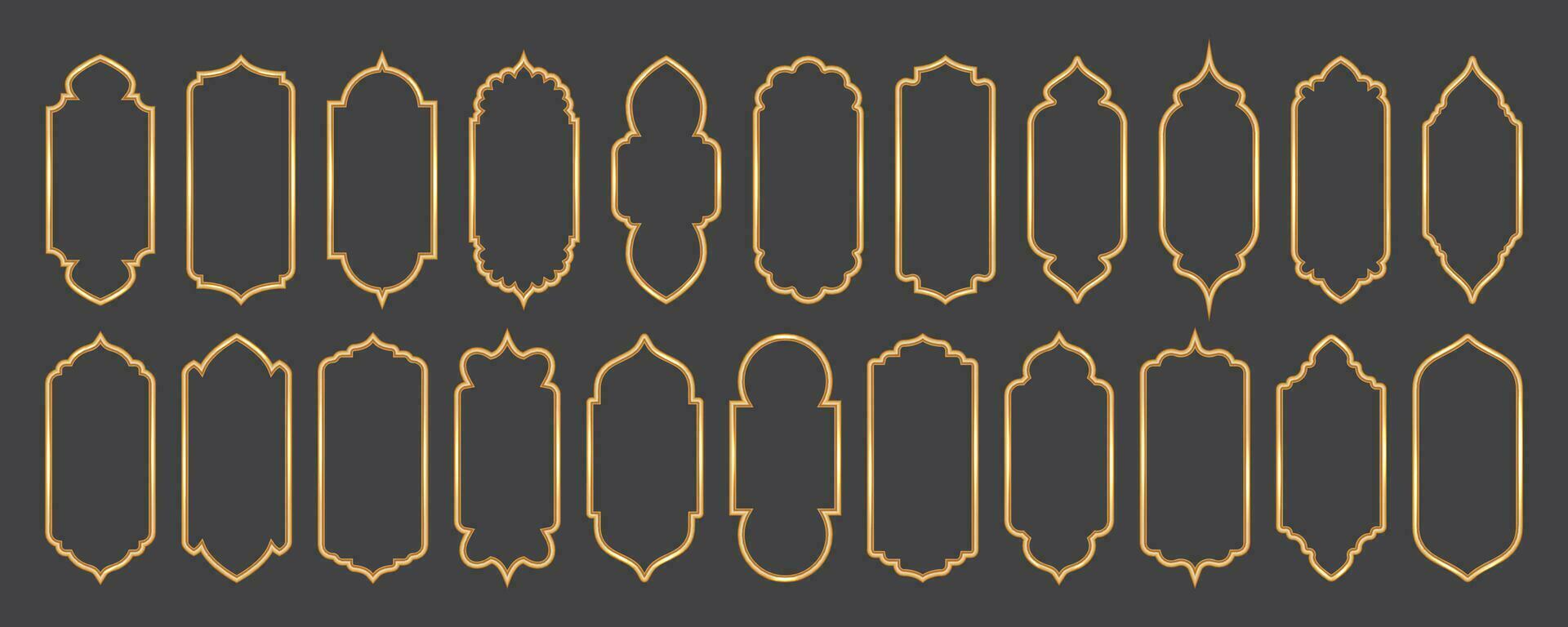 Ramadan window frame shapes. Islamic golden arches. Muslim mosque elements of architecture with ornament. Turkish gates and doors set. Vector