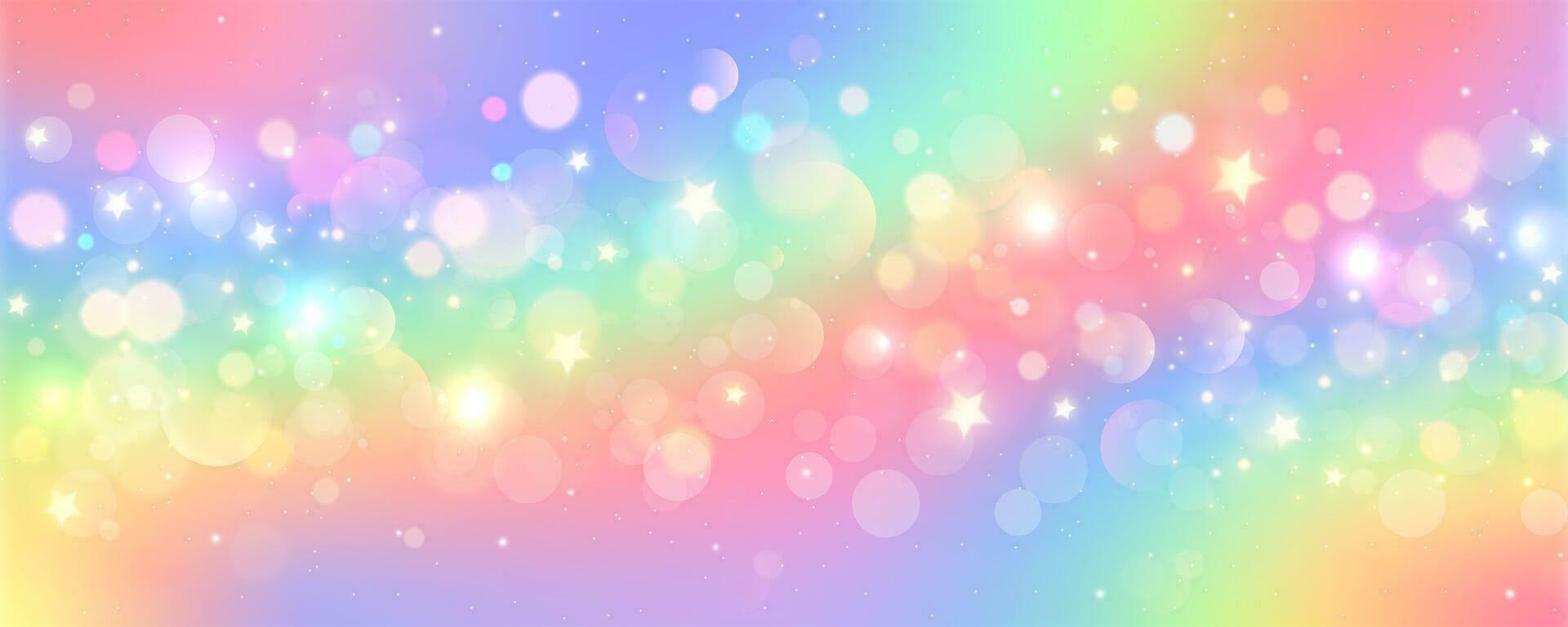 Rainbow unicorn background. Pastel glitter pink fantasy galaxy. Magic mermaid sky with bokeh. Holographic kawaii abstract space with stars and sparkles. Vector