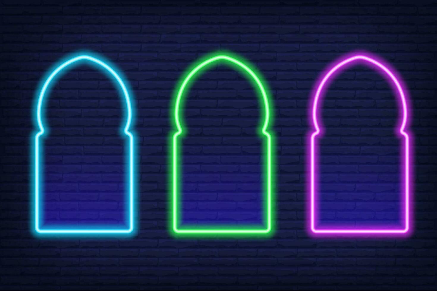Ramadan islamic frame. Vector neon arch shape on dark background. Muslim door and window. Arabian bright template set.
