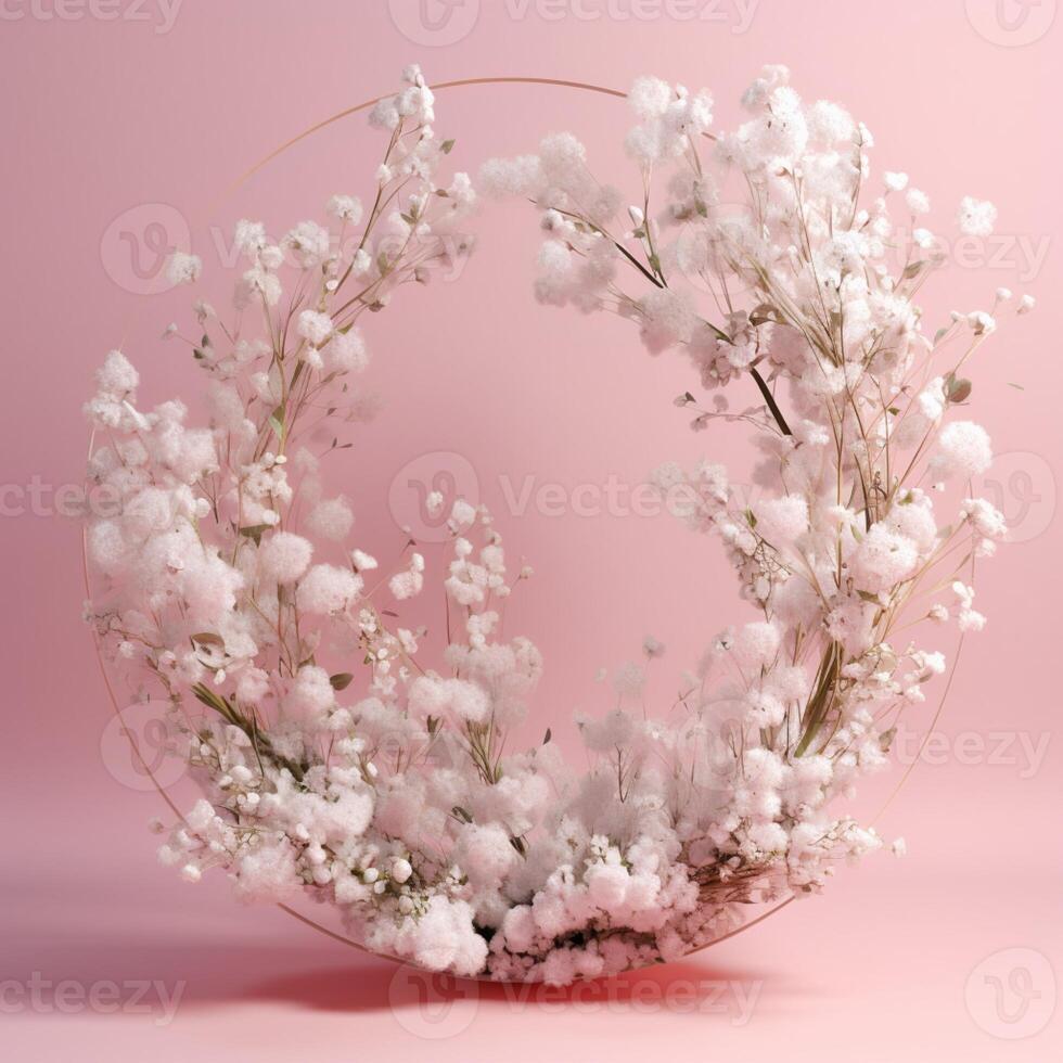 Circle made of white flowers and branches copy space background. photo