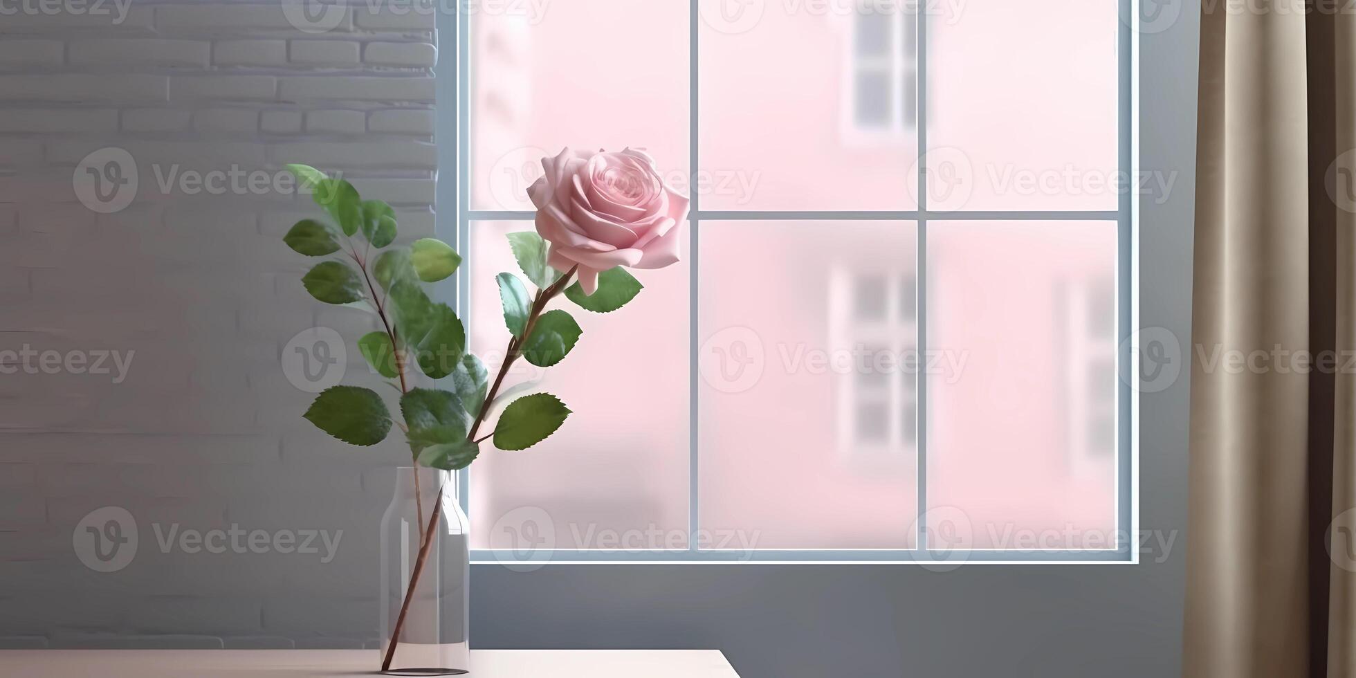 Wood window and rose plant flower on table with sun light copy space blurred background, photo