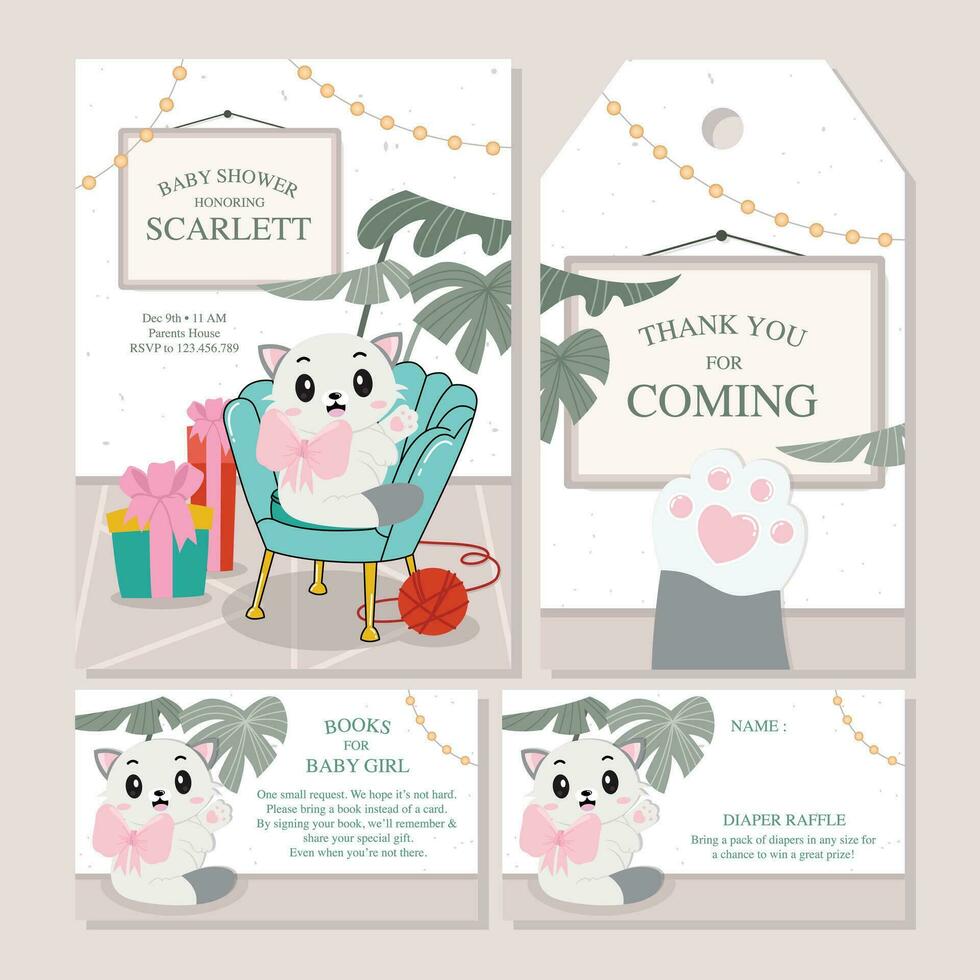 Baby shower invitation set with cute cat vector