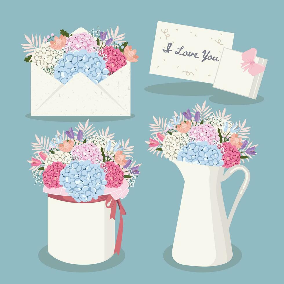 conjunto de regalo ramos de flores con vistoso flores vector