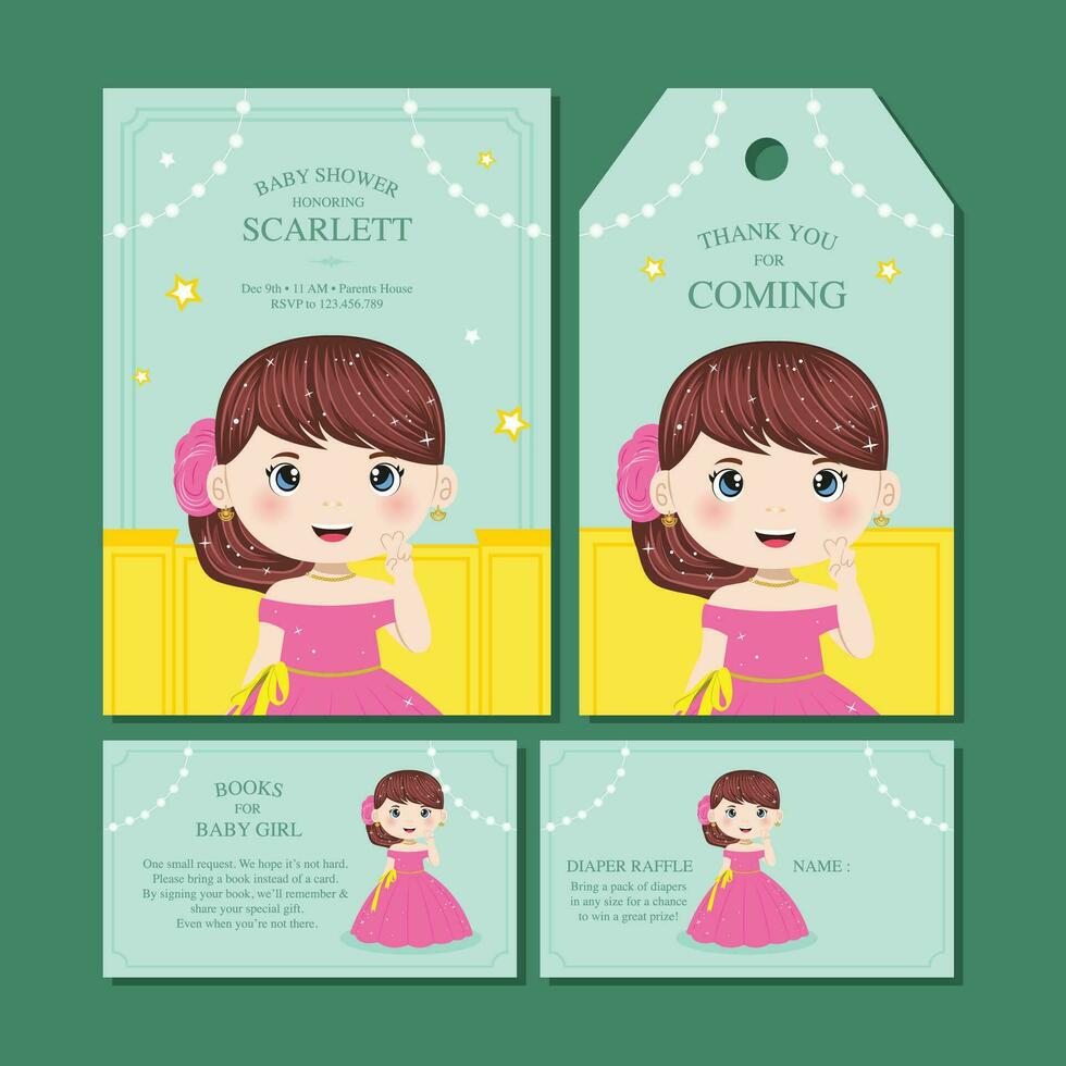 Baby shower invitation set with cute princess in pink dress vector