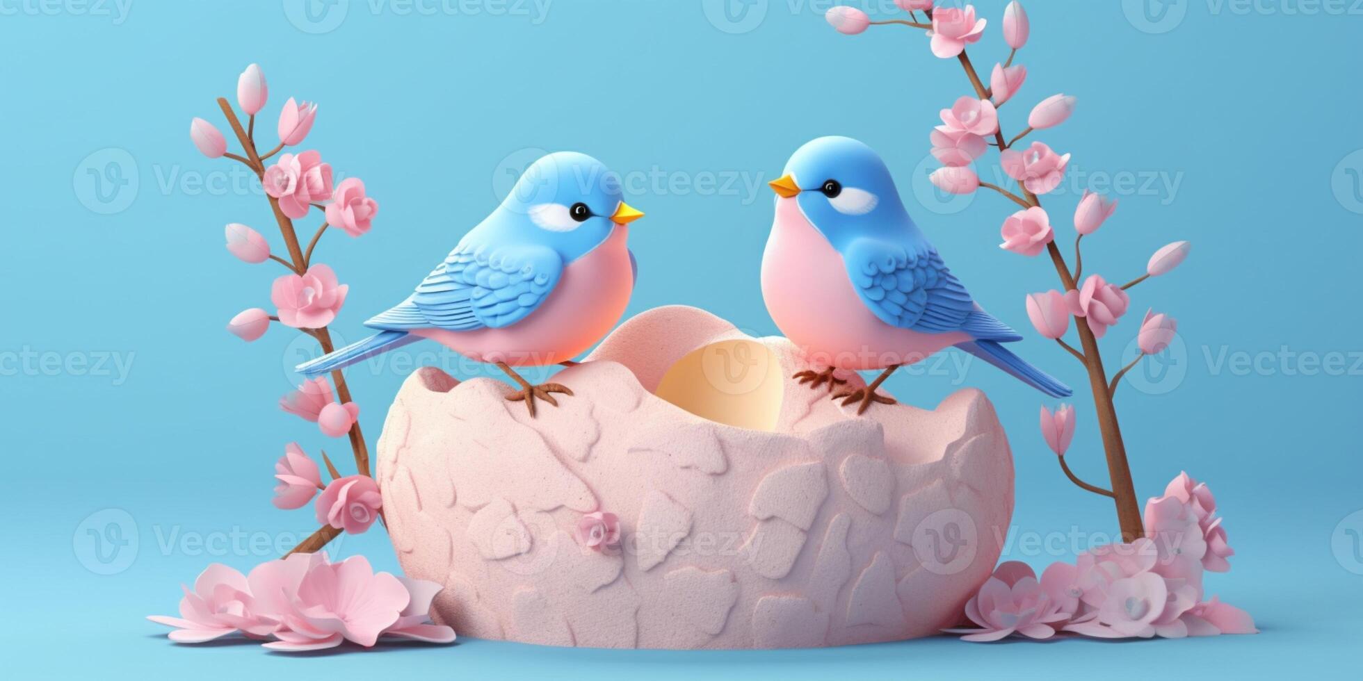 Couple blue bird on tree tunk animal cartoon animation, AI Generated photo