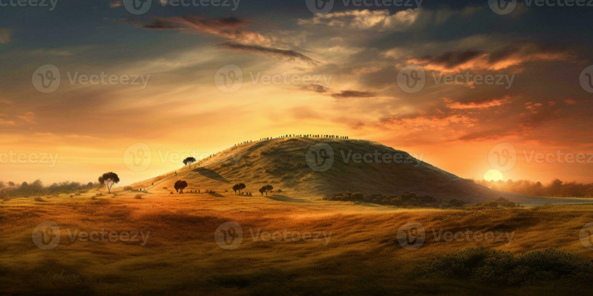 Sunset on hill sky copy space blurred background, AI Generated photo