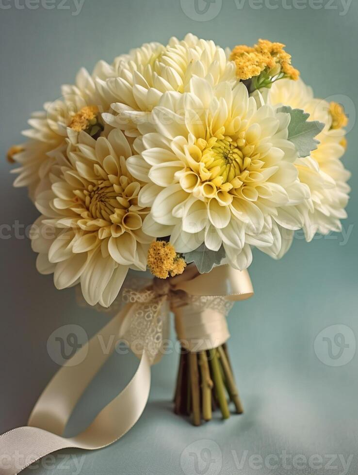 Chrysanthemum flower wedding bouquet blurred window background. photo