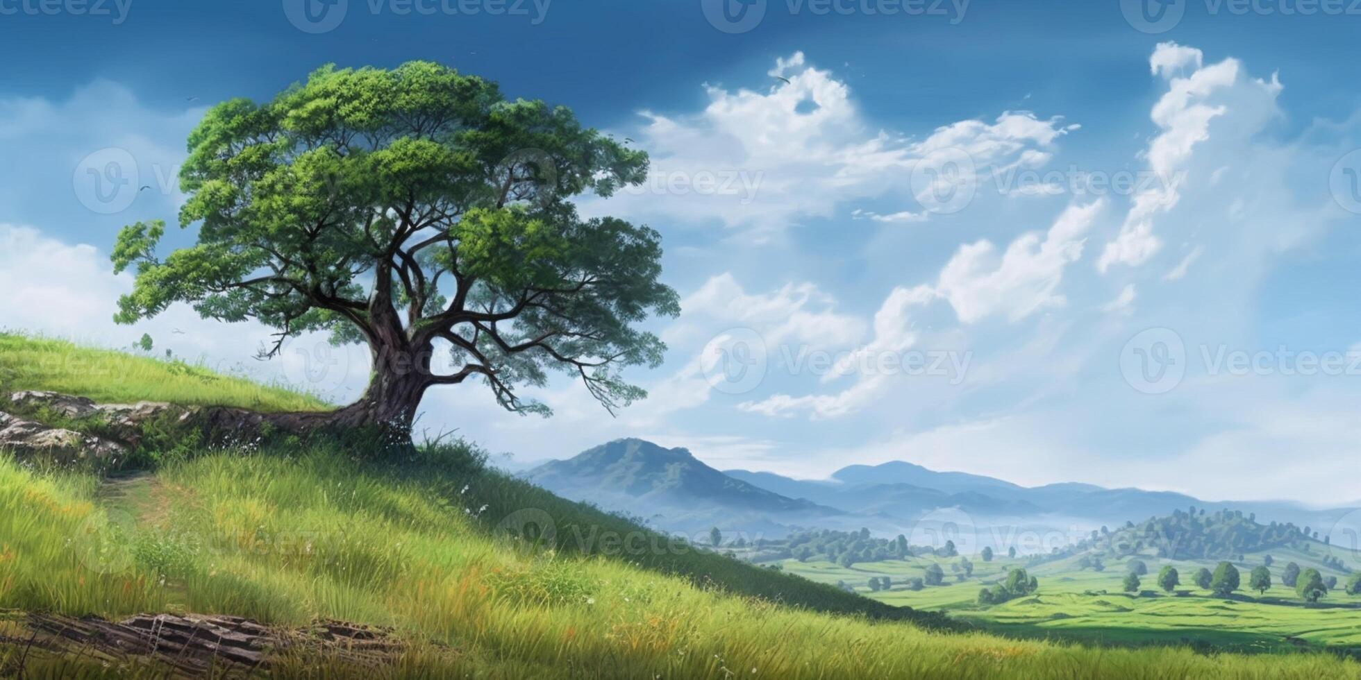 Mountain and field rice tree, clean sky background. photo
