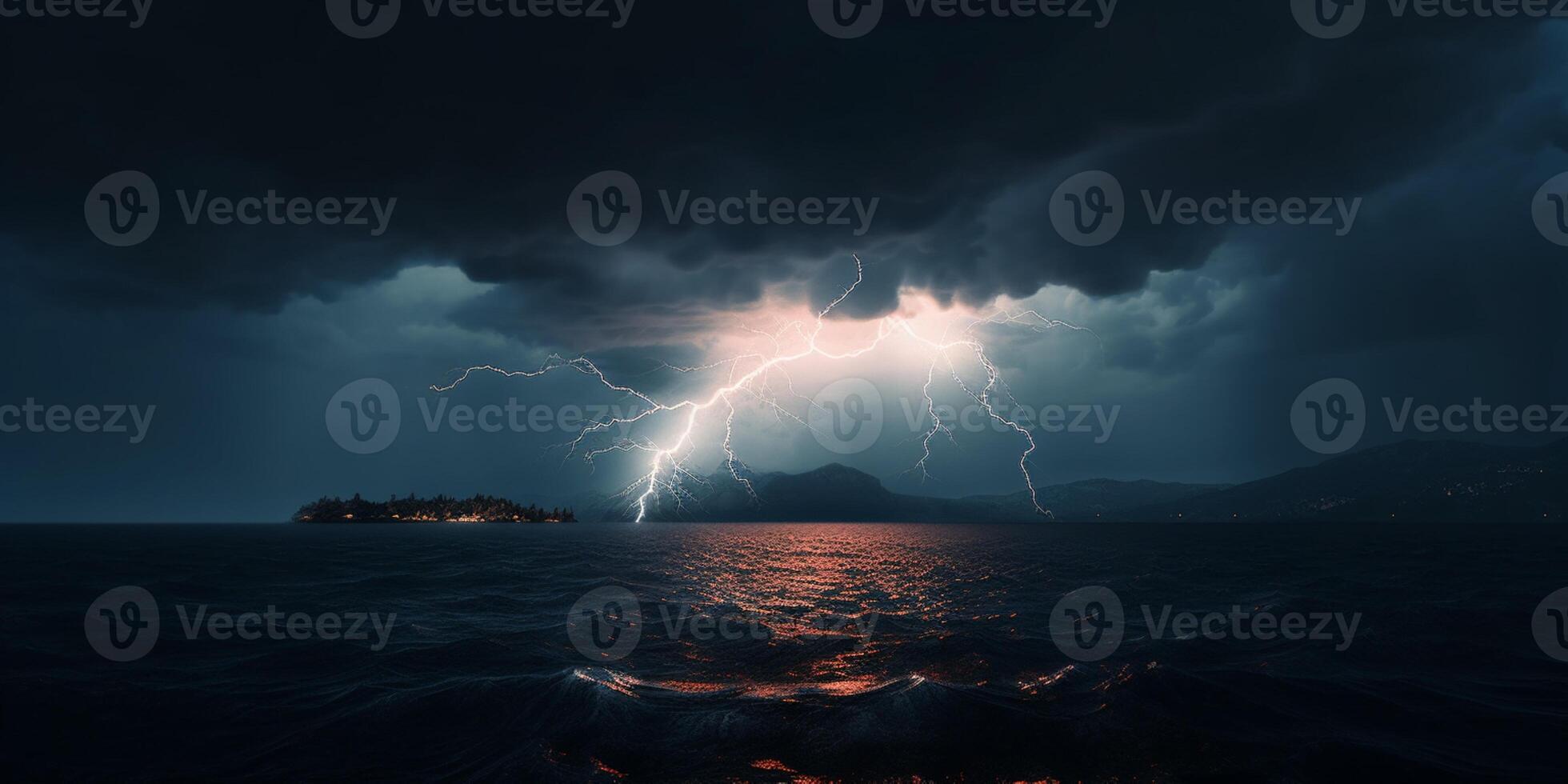 Storm in ocean with lighting natural disaster phenomenon, photo