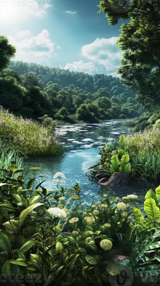 Serene nature scene background plant and river. AI Generated photo