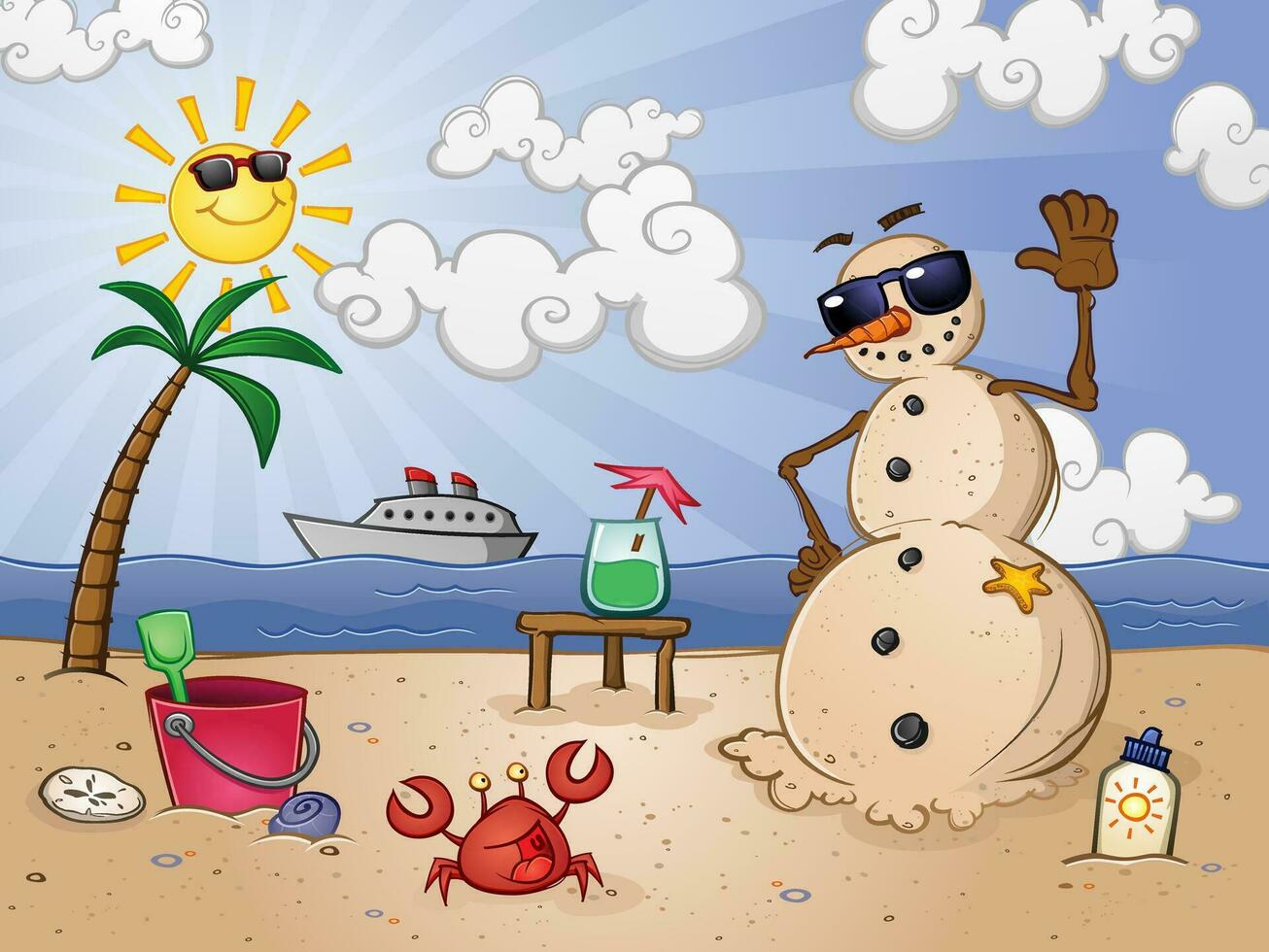 A snowman made of sand, lounging on a tropical beach with toys and friends as a cruise ship passes by in the ocean vector