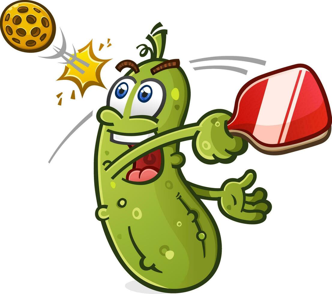 Pickle cartoon character taking a fast swing and hitting a pickleball over the net while having a great time playing the game vector