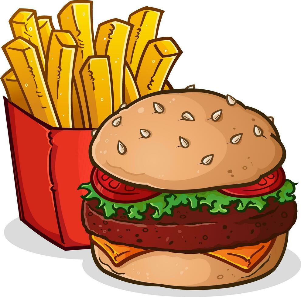 Delicious cheeseburger and large box of crispy, golden french fries vector