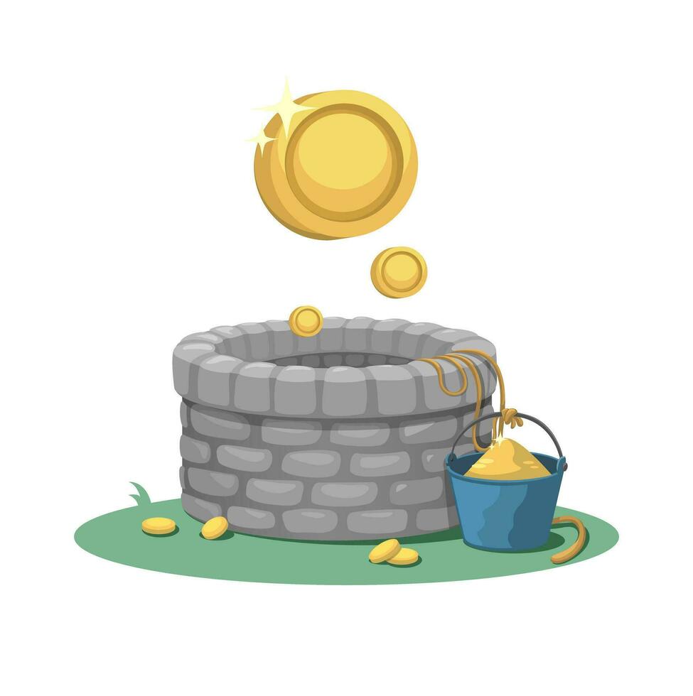 Wishing Well Full Of Gold Coin Cartoon illustration Vector