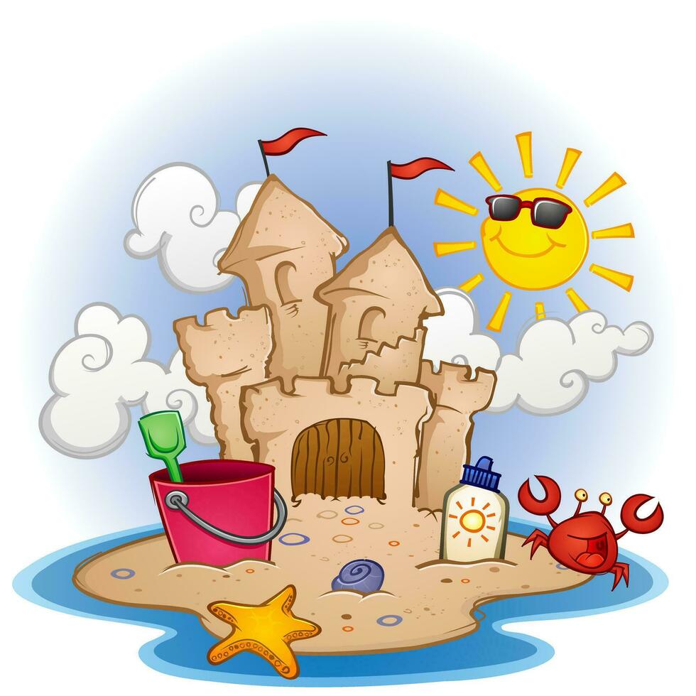 A tropical island beach paradise with a huge sand castle sand toys and sea creatures scurrying around in the ocean surf on a beautiful sunny day in the tropics vector