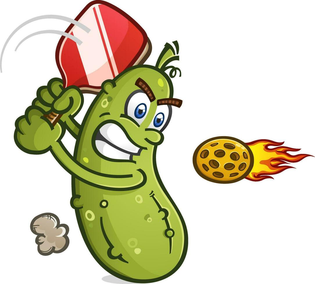 Pickle cartoon character taking a hard swing at a flaming hot speeding pickleball with an intense look and competitive rage vector