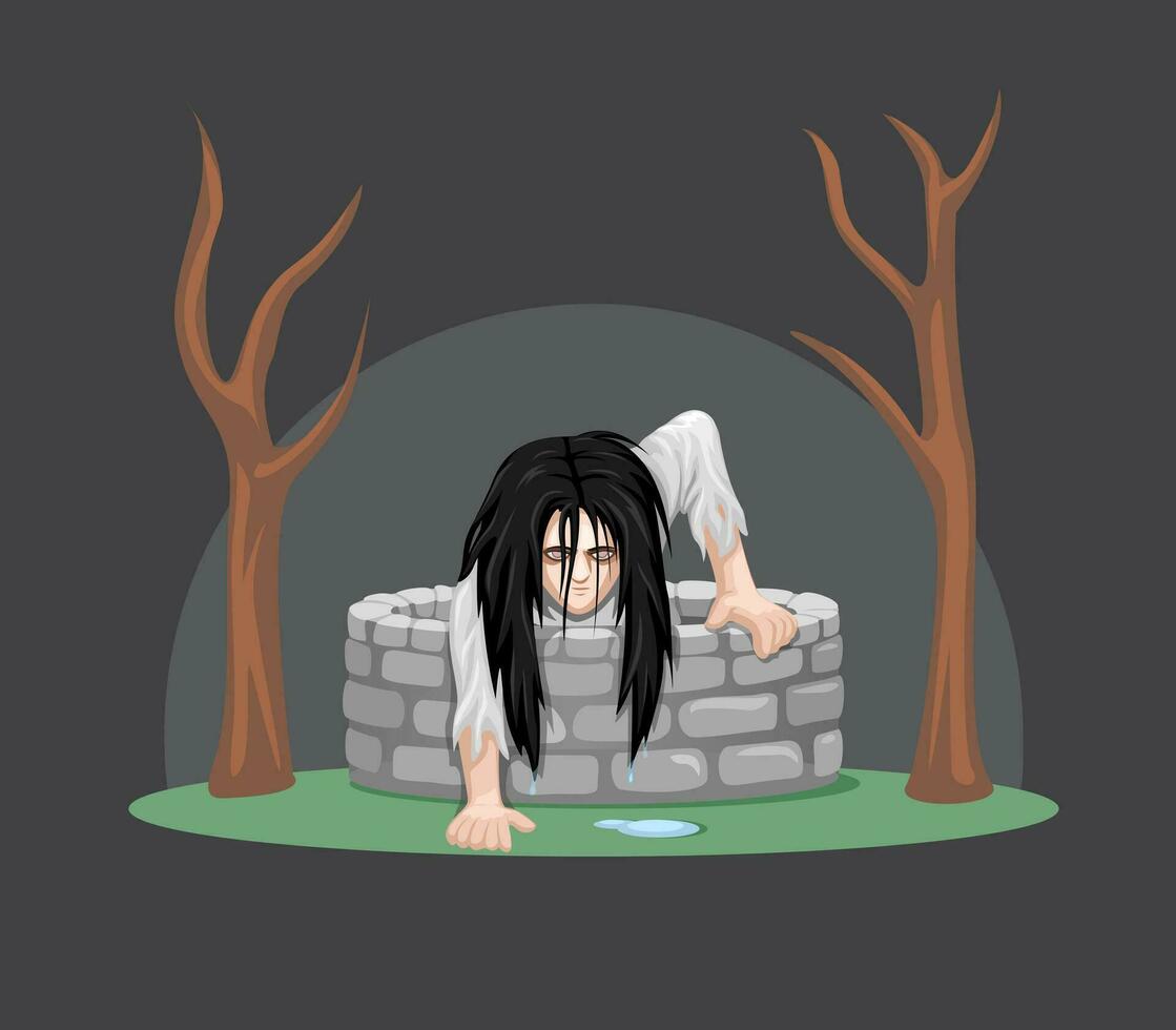 A Ghost Girl Comes Out Of A Haunted Well Cartoon illustration Vector