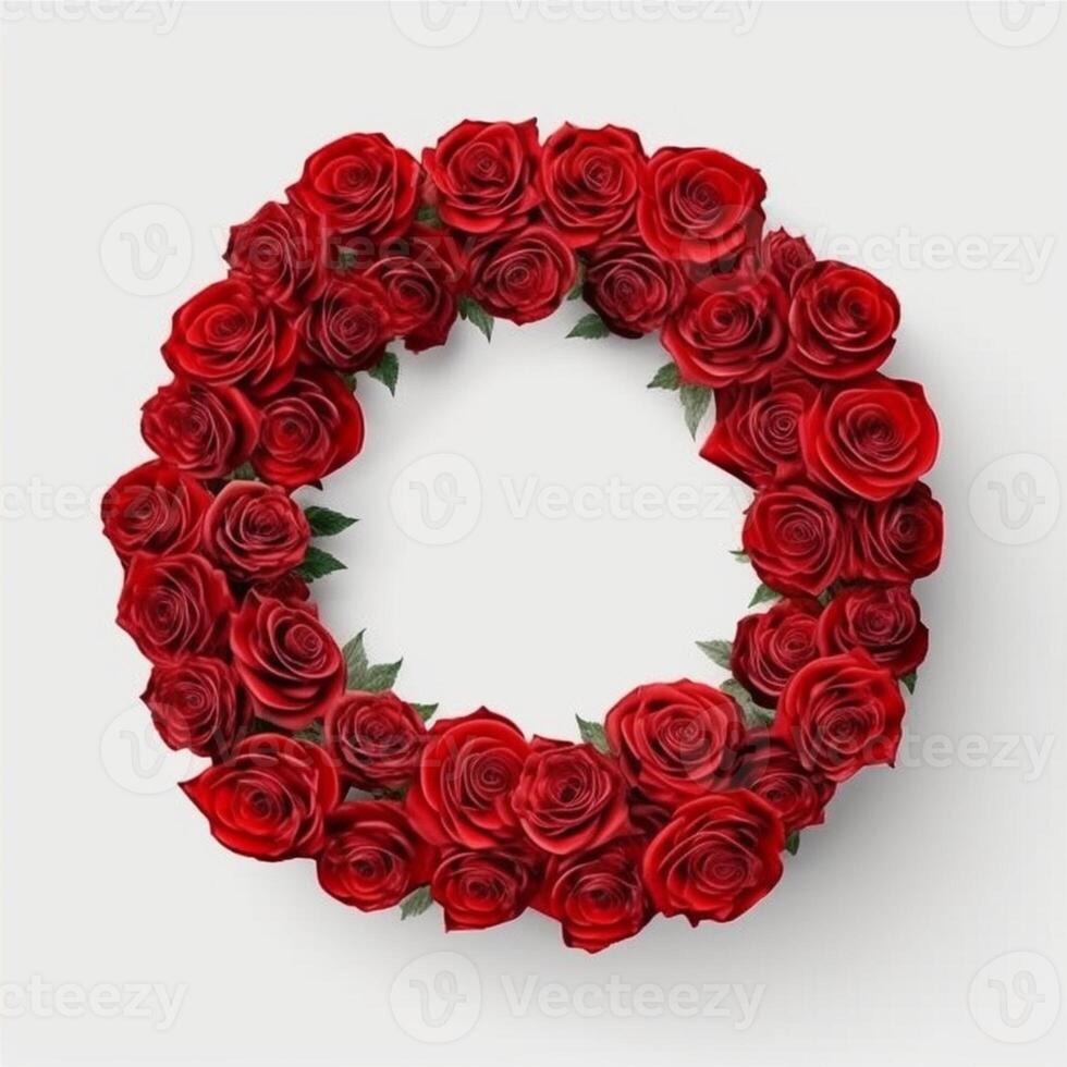 Circle made of red flowers and branches copy space background. AI Generated photo