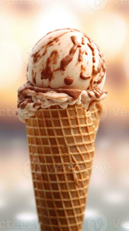 Ice cream cone waffle with chocolate topping background. AI Generated photo
