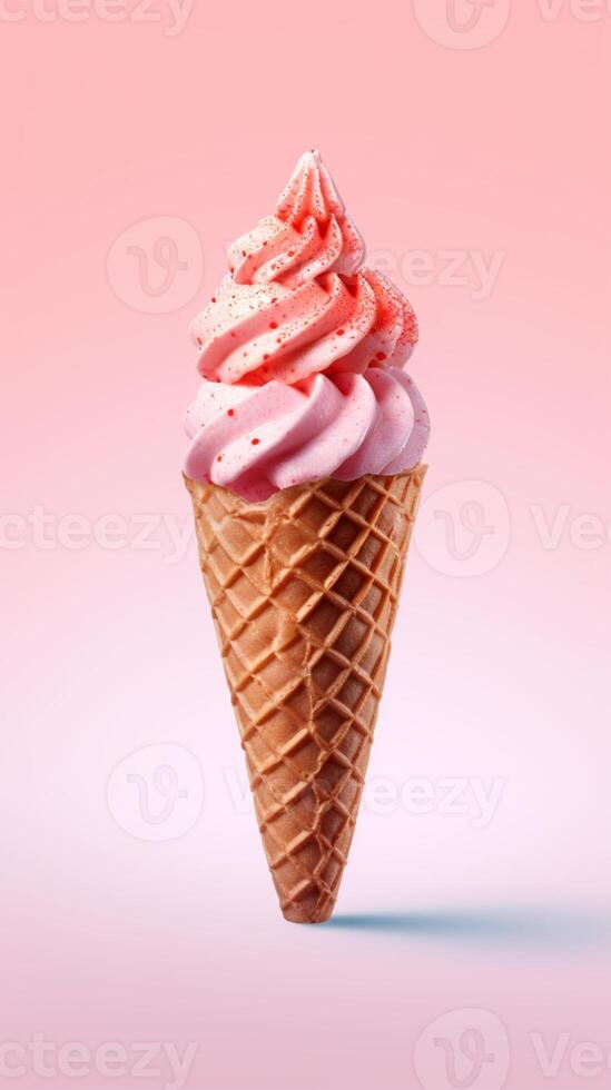 Ice cream cone waffle with strawberry topping background. AI Generated photo