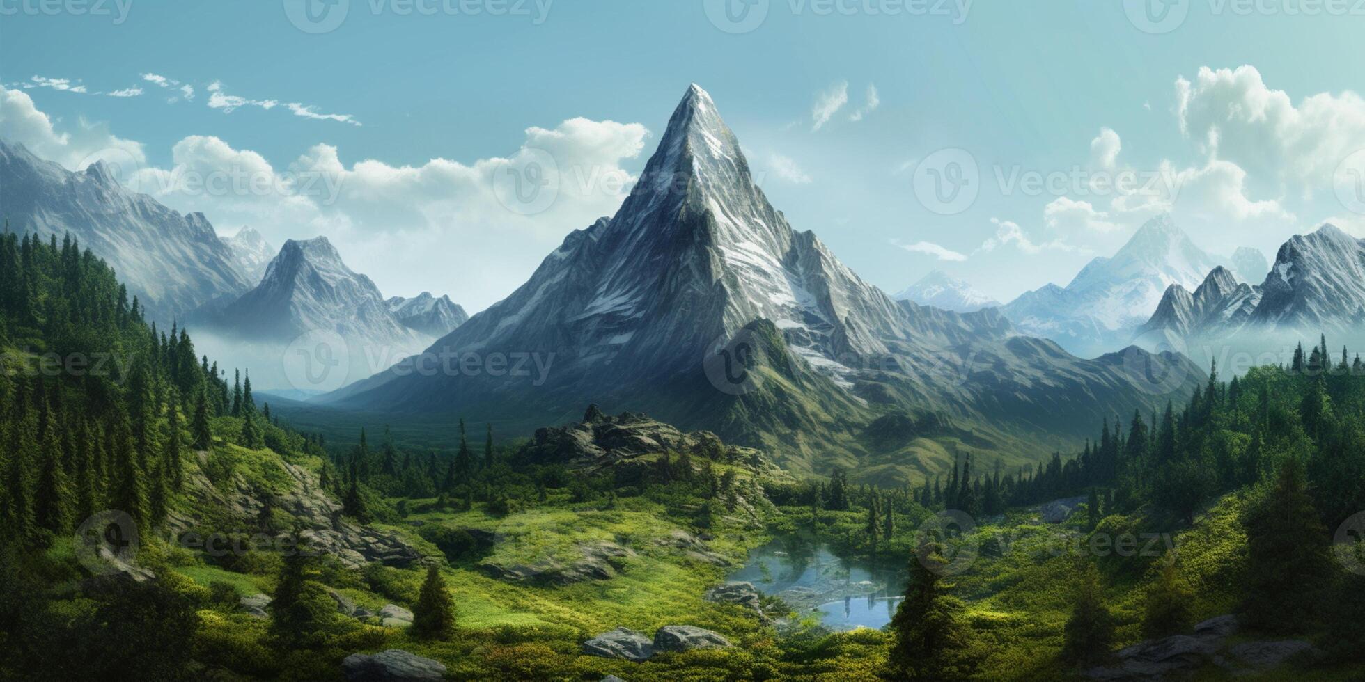 A painting of a mountain landscape with the sun shining