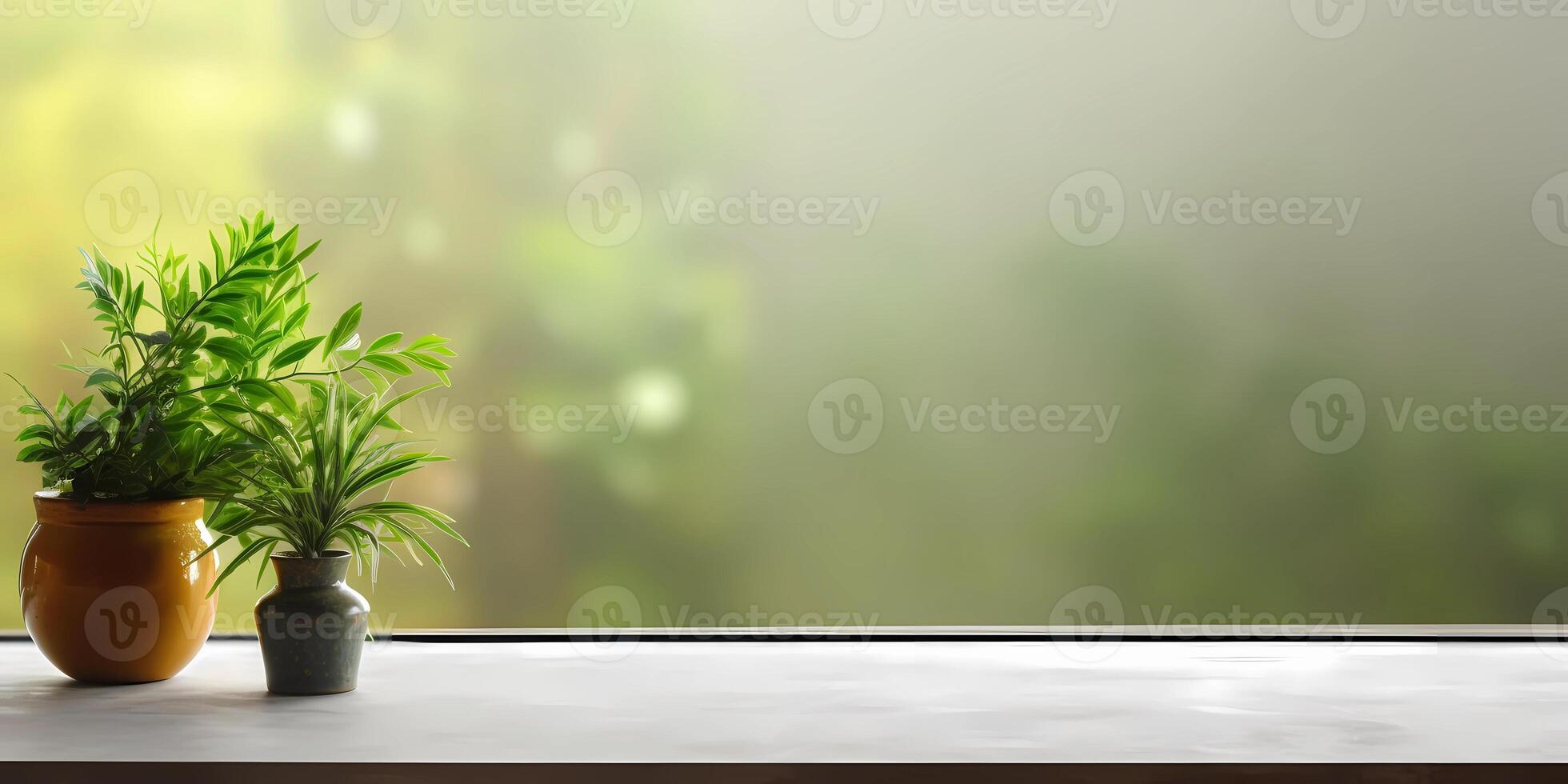 Wood table and window with plant with sun light copy space blurred background, photo