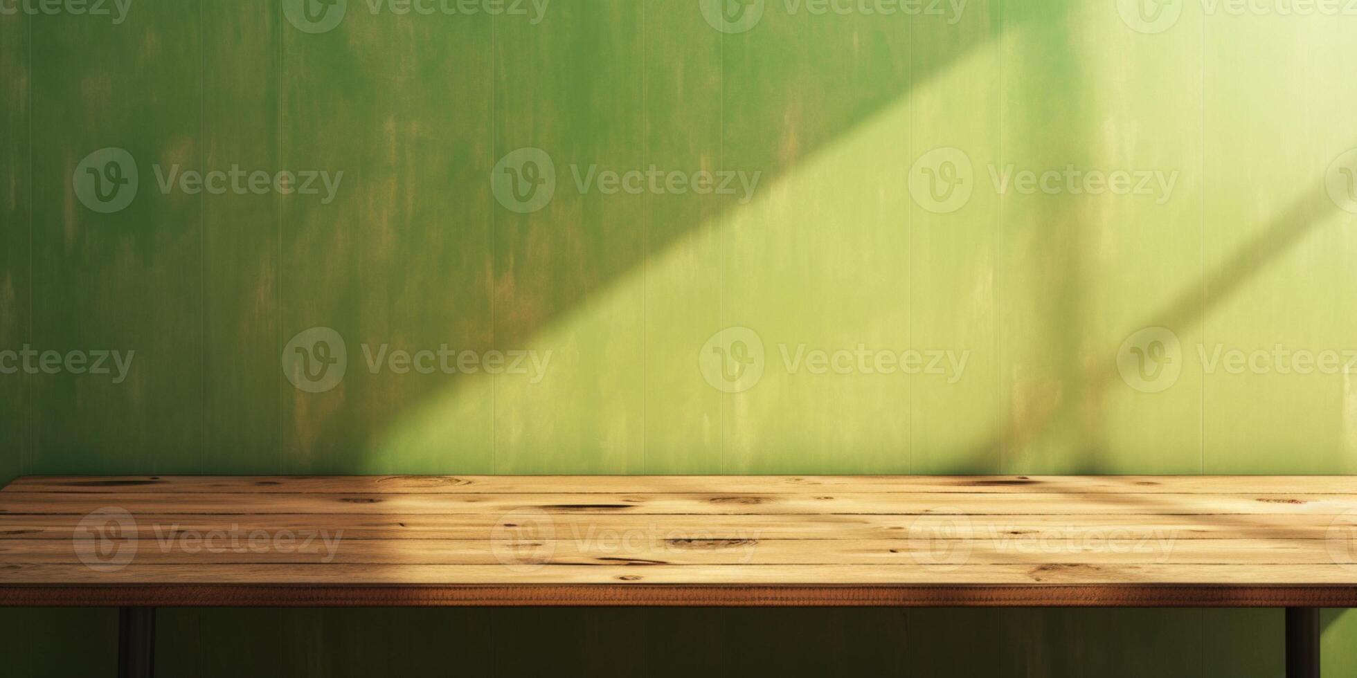Wooden table and sun light shadow sage green copy space background, photo