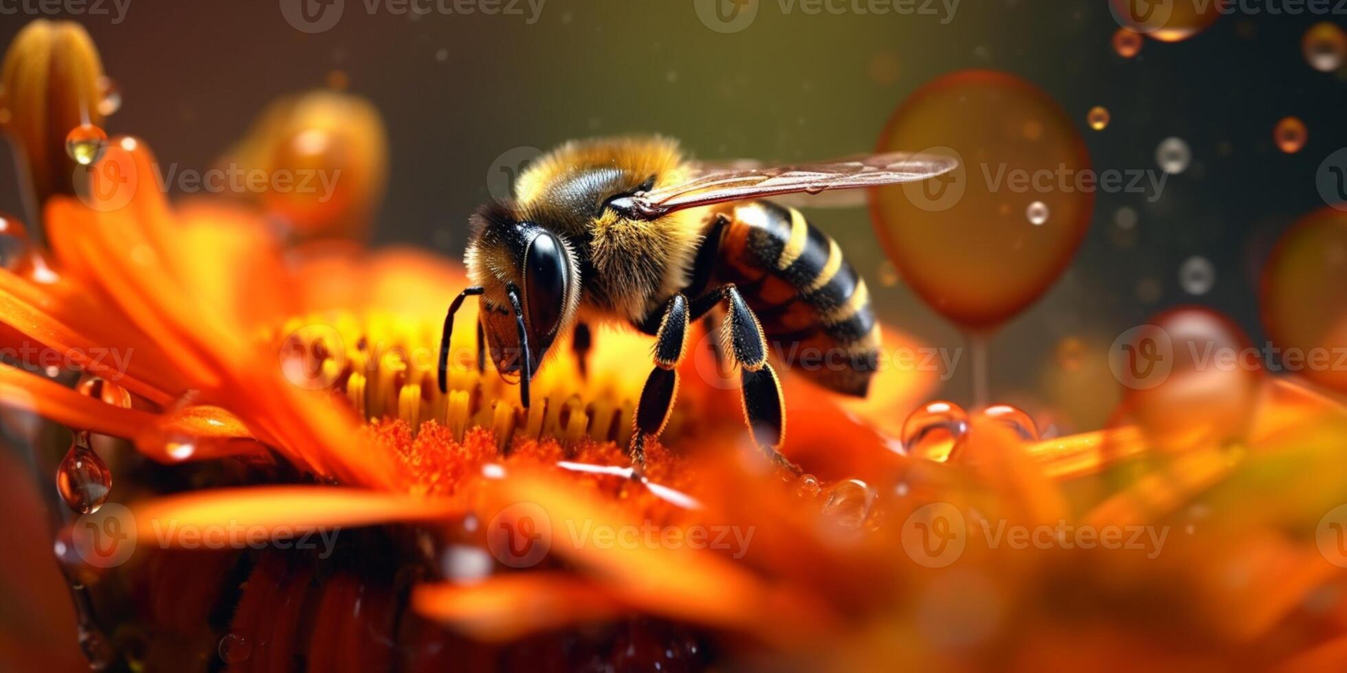 Bee perched on a leaf blurred background. photo