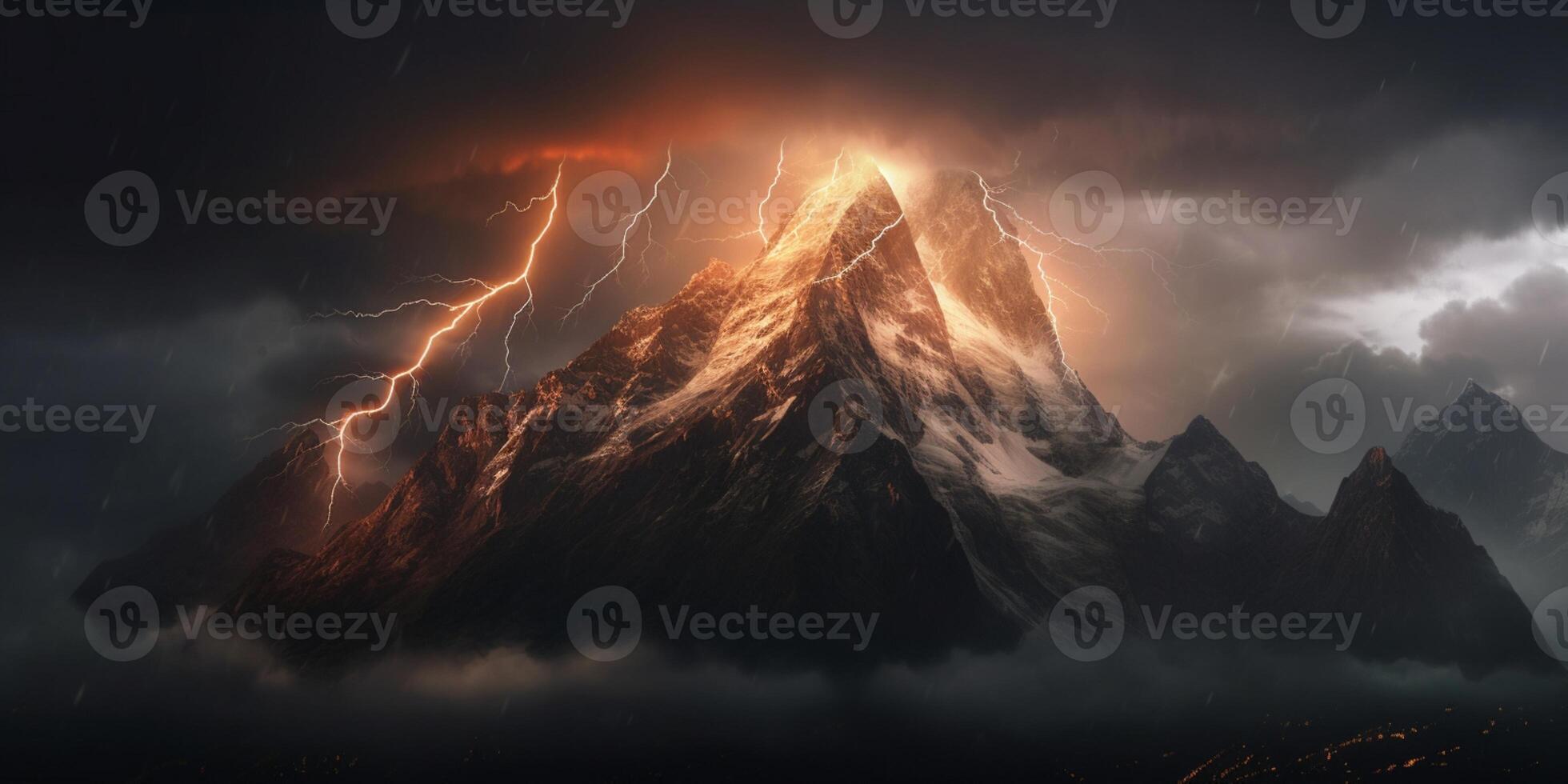 lightning in mountain, stormy weather and natural disaster, AI Generated photo