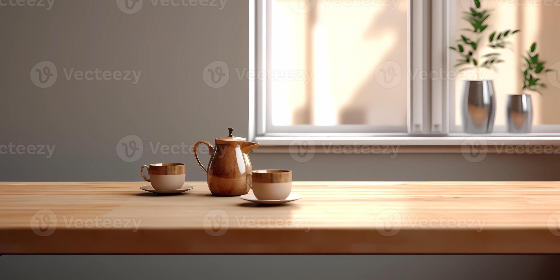 Wood table and window with plant with sun light copy space blurred background, AI Generated photo