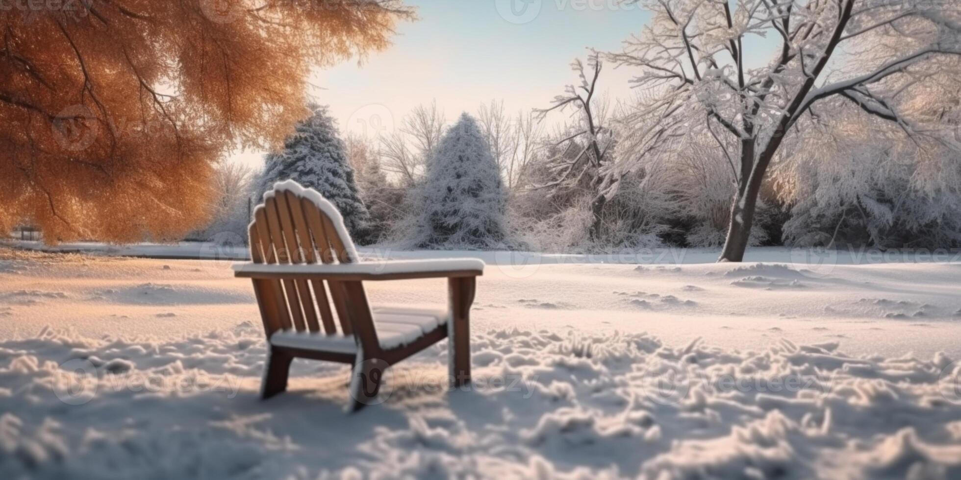 Wooden chair in the winter garden blurred background, photo