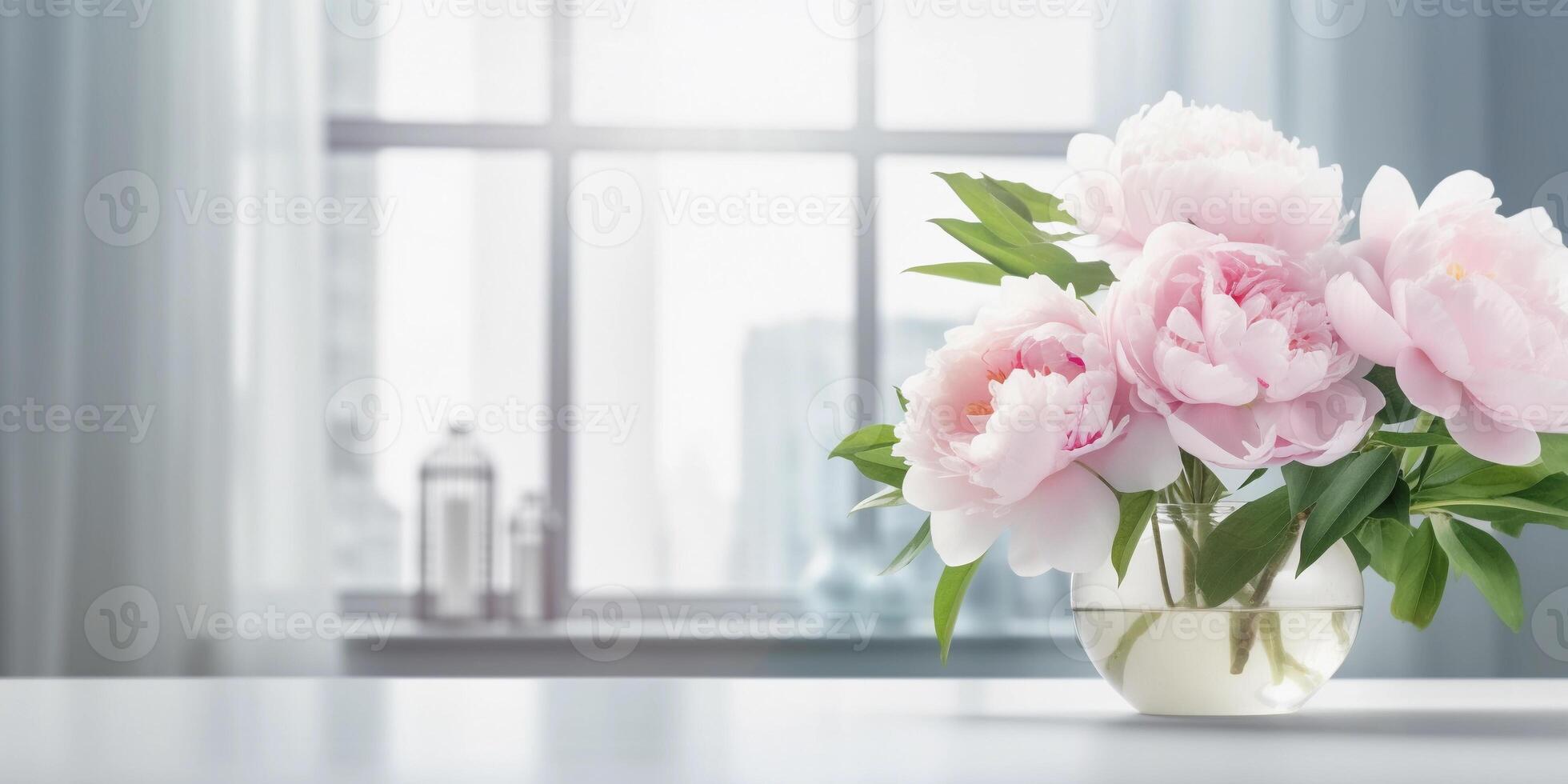 Pink peony flower and window with sun light copy space blurred background, photo