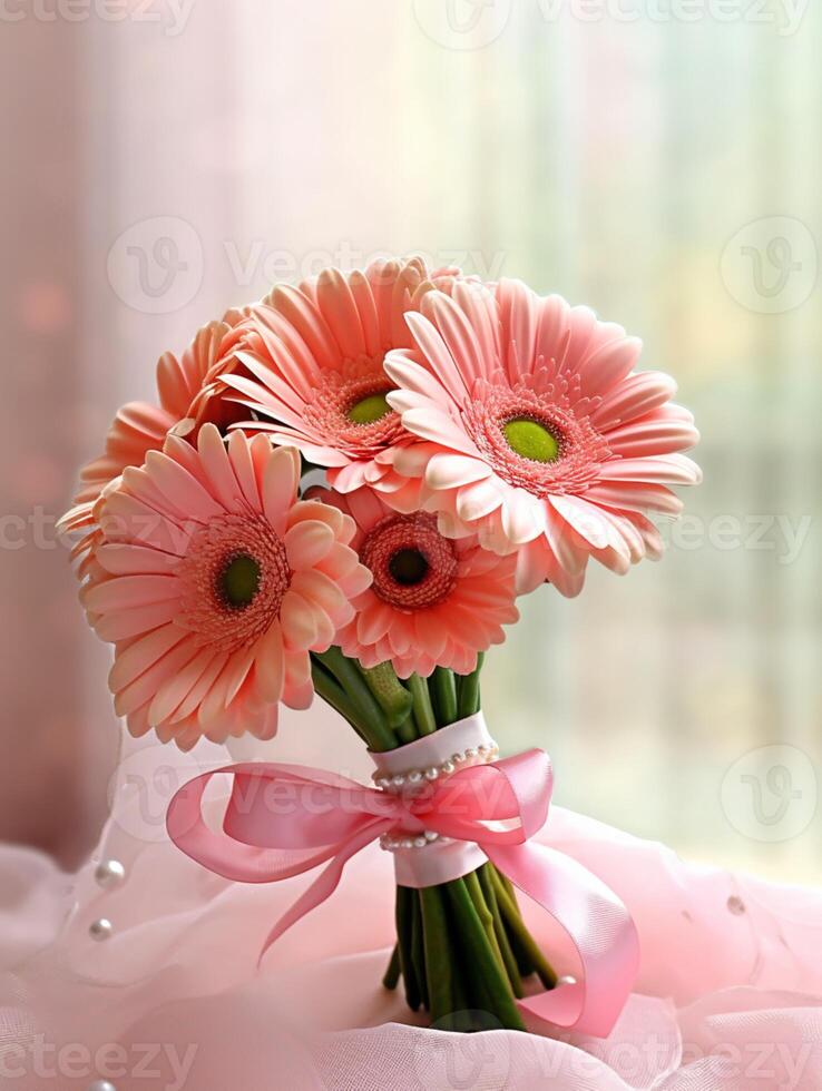 Gerbera Daisy flower wedding bouquet blurred window background. AI Generated photo