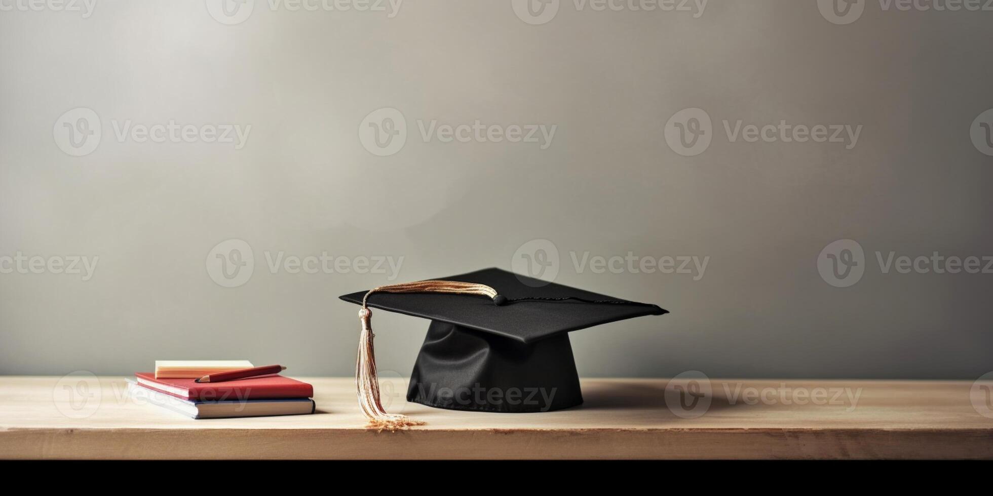 University graduation cap and book background, AI Generated photo