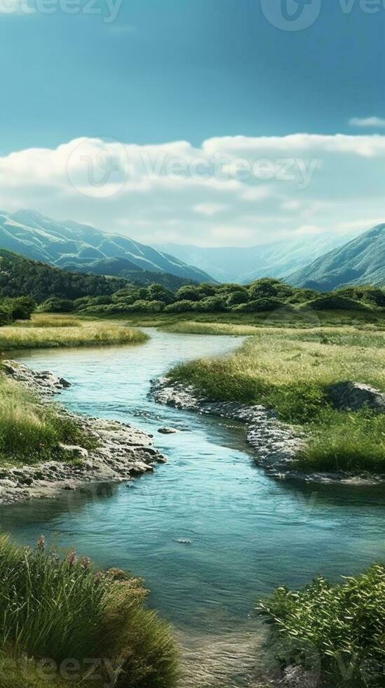Mountain, river and sky copy space background. AI Generated photo
