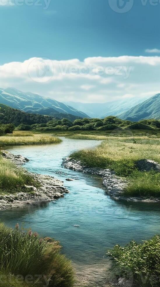 Mountain, river and sky copy space background. AI Generated photo